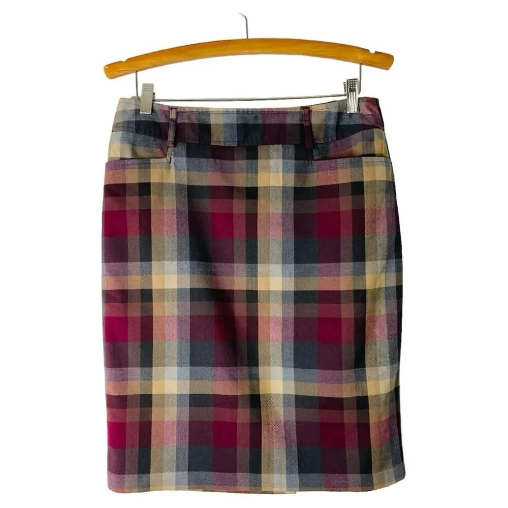 Vintage blue pink tan plaid preppy academia office midi skirt 10